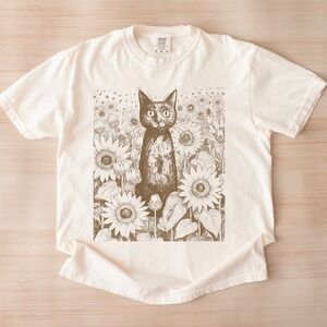 Cat Sunflower Graphic Tee Intricate Pen and Ink Art